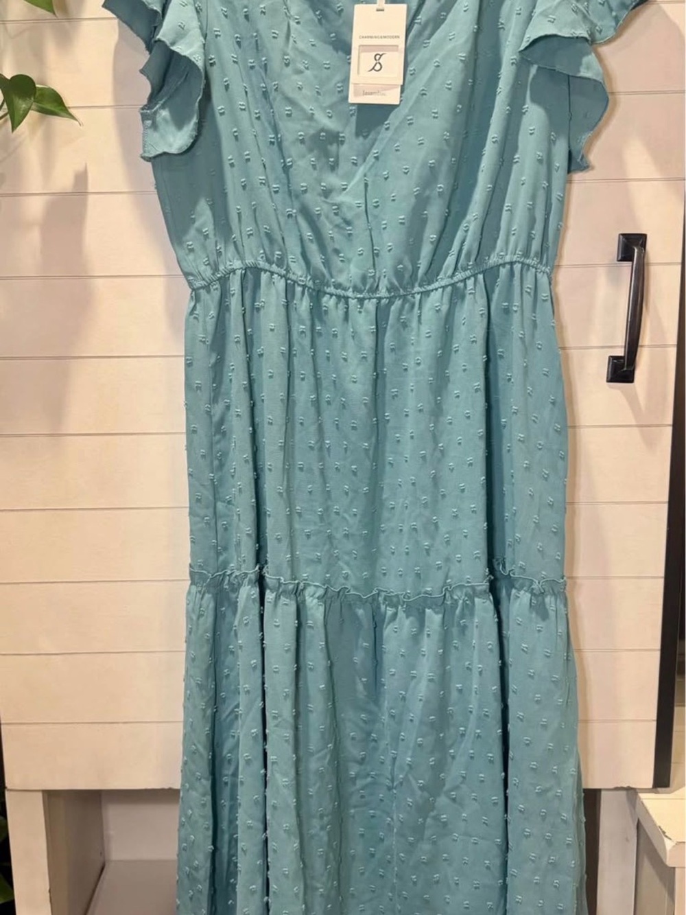Light Teal Tiered Maxi Dress with Subtle Dot Texture